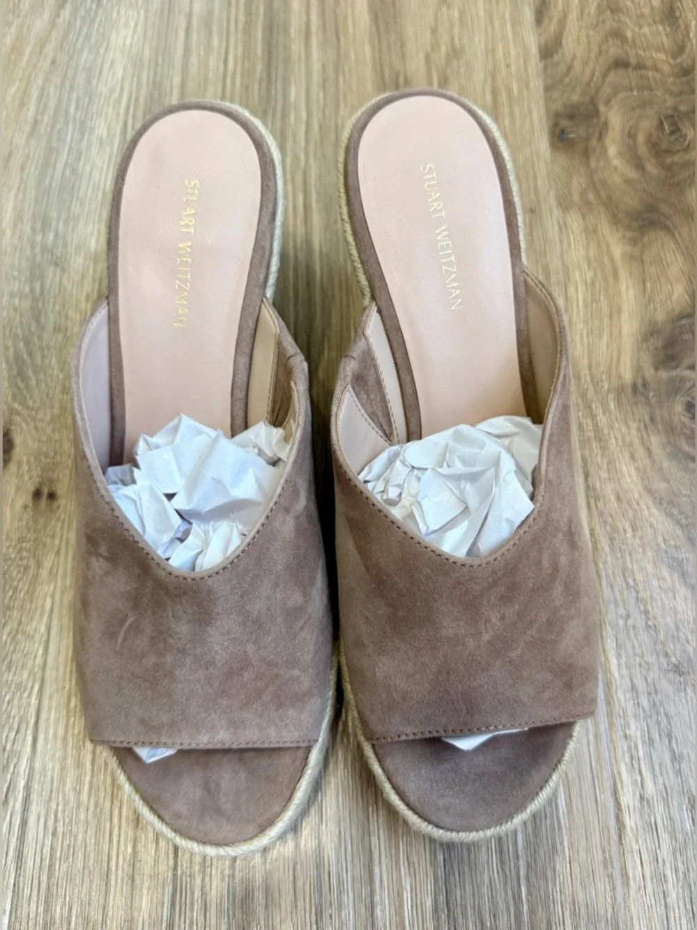 Stuart Weitzman Suede Espadrille Wedge Slides Neutral Tan Size 7.5